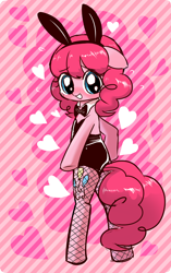 Size: 1000x1591 | Tagged: safe, artist:momo, imported from derpibooru, pinkie pie, pony, semi-anthro, ask harajukupinkiepie, adorasexy, alternate hairstyle, askharajukupinkiepie, bipedal, blushing, bunny suit, clothes, cute, diapinkes, female, fishnets, floppy ears, heart, looking at you, looking back, looking back at you, sexy, solo