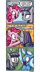 Size: 500x899 | Tagged: safe, artist:foudubulbe, imported from derpibooru, maud pie, pinkie pie, trixie, pony, comic:damp rocks, comic, cringing, faic, female, grin, lesbian, mauxie, open mouth, scared, screaming, shipping, shocked, smiling, tongue out, why, yelling