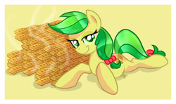 Size: 1024x606 | Tagged: safe, artist:xwhitedreamsx, imported from derpibooru, apple fritter, earth pony, pony, apple family member, apple fritter (food), bedroom eyes, female, food, looking at you, lying down, solo, steam