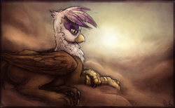 Size: 1680x1033 | Tagged: safe, artist:bantha, imported from derpibooru, gilda, griffon, cloud, cloudy, female, prone, solo