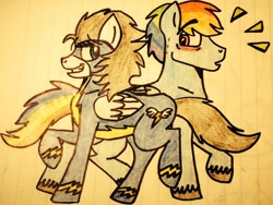 Size: 1024x768 | Tagged: safe, artist:pimpartist101, imported from derpibooru, rainbow dash, soarin', blushing, female, lined paper, male, rainbow blitz, rule 63, shipping, soarindash, straight, traditional art