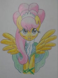 Size: 1931x2589 | Tagged: safe, artist:theroyalprincesses, imported from derpibooru, fluttershy, green isn't your color, clothes, female, modelshy, solo, traditional art