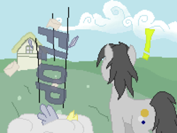 Size: 500x375 | Tagged: safe, artist:thejakevale, imported from derpibooru, derpy hooves, oc, oc:clockwork gear, pegasus, pony, comic:clockworkfamily, comic, exclamation point, female, mare, pixel art