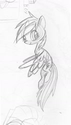 Size: 1248x2190 | Tagged: safe, artist:1flynnia1, imported from derpibooru, rainbow dash, female, monochrome, sketch, solo, traditional art