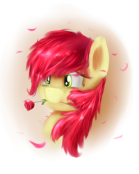 Size: 2400x3000 | Tagged: dead source, safe, artist:shamanguli, imported from derpibooru, roseluck, earth pony, pony, bust, female, flower, flower in mouth, mare, messy mane, mouth hold, portrait, rose, rose in mouth, solo