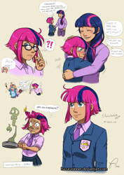 Size: 780x1099 | Tagged: safe, artist:hazurasinner, imported from derpibooru, twilight sparkle, oc, oc:starchaser, oc:windy belle, human, blazer, clothes, hug, humanized, magical lesbian spawn, necktie, offspring, parent:fluttershy, parent:pinkie pie, parent:rainbow dash, parent:twilight sparkle, parents:flutterdash, parents:twinkie, school uniform, schoolgirl, shipping, shirt, skirt