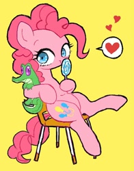 Size: 486x620 | Tagged: dead source, safe, artist:semi-kon, artist:susu, imported from derpibooru, gummy, pinkie pie, earth pony, pony, chair, cute, diapinkes, female, heart, hoof hold, lollipop, mare, simple background, sitting, solo, speech bubble, yellow background