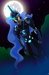 Size: 1241x1899 | Tagged: safe, artist:chillguydraws, imported from derpibooru, nightmare moon, princess luna, human, armor, badass, everfree forest, female, fog, glow, glowing, glowing eyes, glowing eyes of doom, helmet, horned humanization, humanized, mare in the moon, moon, night, solo, stars, tree