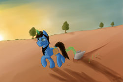 Size: 2599x1735 | Tagged: safe, artist:crusierpl, imported from derpibooru, oc, oc only, oc:azar, pony, unicorn, bandana, field, food, glasses, green eyes, hoofprints, magic, onion, plow, sunset, telekinesis, tree