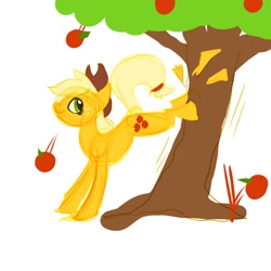 Size: 1200x1200 | Tagged: safe, artist:1flynnia1, imported from derpibooru, applejack, apple, apple/apples falling, applejack mid tree-buck facing the left with 3 apples falling down, applejack mid tree-buck with 3 apples falling down, bucking, sketch, tree