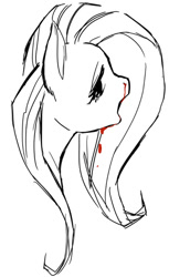 Size: 408x666 | Tagged: safe, artist:pasikon, imported from derpibooru, fluttershy, pony, aside glance, blood, bust, female, looking at you, looking back, looking back at you, mare, monochrome, neo noir, nosebleed, open mouth, partial color, portrait, sketch, solo