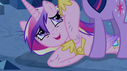 Size: 1280x720 | Tagged: safe, imported from derpibooru, screencap, princess cadance, twilight sparkle, a canterlot wedding, cave, crystal caverns, duo, hoof shoes, messy mane, out of context, scratches, sisters-in-law