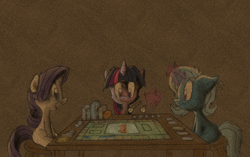 Size: 1280x804 | Tagged: safe, imported from derpibooru, rarity, trixie, twilight sparkle, pony, unicorn, askfillytrixie, board game, female, mare, monopoly