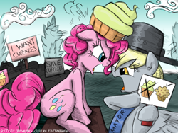 Size: 1100x825 | Tagged: safe, artist:flutterthrash, imported from derpibooru, chancellor puddinghead, derpy hooves, pinkie pie, pegasus, pony, argument, cupcake, cupcakes vs muffins, derpy hooves is not amused, duo, female, hat, mare, mayor, muffin, pan, pinkie pie is not amused, unamused