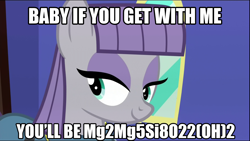 Size: 1280x720 | Tagged: safe, artist:muddyfudger, edit, edited screencap, imported from derpibooru, screencap, maud pie, earth pony, pony, bedroom eyes, chemistry, chemistry joke, cummingtonite, female, image macro, innuendo, mare, meme, pun, rock pun