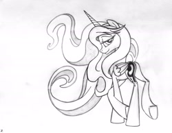 Size: 2242x1744 | Tagged: safe, artist:uminanimu, imported from derpibooru, princess luna, lunadoodle, bedroom eyes, butt, female, grayscale, looking at you, looking back, monochrome, palindrome get, plot, sketch, smiling, solo