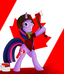 Size: 1500x1750 | Tagged: safe, artist:katsu, imported from derpibooru, twilight sparkle, pony, axe, bipedal, bucket, canada, canadian, clothes, cutie mark, female, flag, hat, lumberjack, paint, paint on fur, painting, scarf, solo, stereotype, ushanka