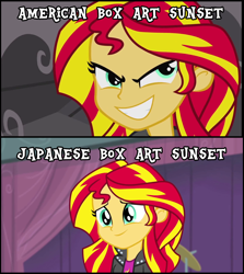 Size: 808x905 | Tagged: safe, edit, edited screencap, imported from derpibooru, screencap, sunset shimmer, equestria girls, rainbow rocks, american kirby is hardcore, comparison, evil, female, image macro, kirby, kirby (series), meme, reformed, smiling, tv tropes, when she smiles