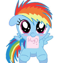 Size: 378x378 | Tagged: safe, artist:theflofic, imported from derpibooru, rainbow dash, blushing, bronybait, cute, dashabetes, female, filly, filly rainbow dash, floppy ears, hug, hug request, looking at you, mouth hold, note, simple background, smiling, solo, transparent background