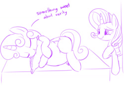 Size: 1264x882 | Tagged: safe, artist:mcsadat, imported from derpibooru, rarity, sweetie belle, dialogue, monochrome, pillow, pillow hug, sisters, sleeping