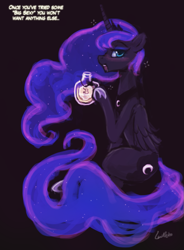 Size: 717x976 | Tagged: safe, artist:lumineko, imported from derpibooru, princess luna, alcohol, black background, dreamluna, female, simple background, solo, tumblr