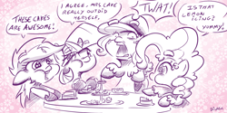 Size: 2400x1200 | Tagged: safe, artist:dilarus, deleted from derpibooru, imported from derpibooru, applejack, pinkie pie, rainbow dash, twilight sparkle, meet-the-pones, :t, cake, eating, floppy ears, nose wrinkle, puffy cheeks, smiling, tourette's syndrome, unshorn fetlocks, vulgar, wide eyes