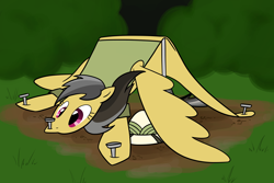 Size: 2250x1500 | Tagged: safe, artist:tfinequestria, imported from derpibooru, daring do, cartoon physics, flattened, flattening, inanimate tf, objectification, solo, tent, transformation, wat