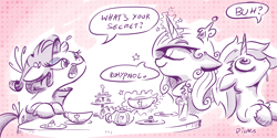 Size: 2400x1200 | Tagged: safe, artist:dilarus, deleted from derpibooru, imported from derpibooru, princess cadance, rarity, shining armor, meet-the-pones, drool, eyes closed, floppy ears, magic, open mouth, rohypnol, smiling, tea, teacup, teapot, telekinesis, wide eyes