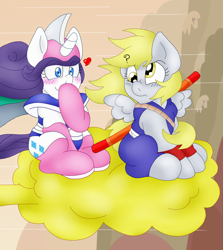 Size: 1544x1732 | Tagged: safe, artist:blackbewhite2k7, imported from derpibooru, derpy hooves, rarity, age regression, chi-chi, chichi, confused, crack shipping, derpity, dragon ball, female, filly, goku, lesbian, midriff, nimbus cloud, nyoi-bo, power pole, shipping, son goku, younger