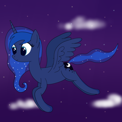 Size: 1000x1000 | Tagged: safe, artist:joey, imported from derpibooru, princess luna, cloud, cloudy, female, night, smiling, solo, stars