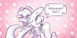 Size: 4000x2000 | Tagged: safe, artist:dilarus, deleted from derpibooru, imported from derpibooru, applejack, fluttershy, earth pony, pegasus, pony, meet-the-pones, abstract background, annoyed, female, hug, mare