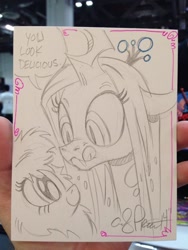 Size: 768x1024 | Tagged: safe, artist:andypriceart, imported from derpibooru, queen chrysalis, oc, oc:fluffle puff, andy you magnificent bastard, canon x oc, chrysipuff, kitchen eyes, licking lips, shipping, traditional art