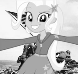 Size: 987x947 | Tagged: safe, imported from derpibooru, trixie, equestria girls, black and white, but first let me take a trixie, grayscale, ioto, iwo jima, meme, photobomb