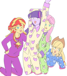 Size: 700x800 | Tagged: safe, artist:misochikin, imported from derpibooru, applejack, fluttershy, sunset shimmer, twilight sparkle, equestria girls, clothes, pajamas, pixiv, slumber party