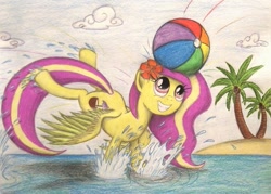 Size: 1057x755 | Tagged: safe, artist:thefriendlyelephant, imported from derpibooru, oc, oc only, pegasus, pony, beach ball, island, ocean, palm tree, playing, smiling, solo, splash, traditional art, tree, tropical, water