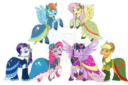 Size: 1024x678 | Tagged: safe, artist:maggiesheartlove, imported from derpibooru, applejack, fluttershy, pinkie pie, rainbow dash, rarity, twilight sparkle, alicorn, pony, clothes, dress, female, mane six, mare, twilight sparkle (alicorn)