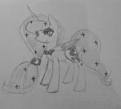 Size: 986x889 | Tagged: safe, artist:breadcipher, imported from derpibooru, princess luna, lunadoodle, bowtie, eyeshadow, female, hairband, monochrome, sketch, smiling, solo, traditional art