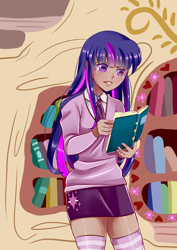 Size: 2893x4092 | Tagged: safe, artist:reaper145, imported from derpibooru, twilight sparkle, human, book, bookshelf, clothes, dark skin, female, golden oaks library, humanized, miniskirt, necktie, school uniform, schoolgirl, shirt, skirt, socks, solo, striped socks, sweater, thigh highs