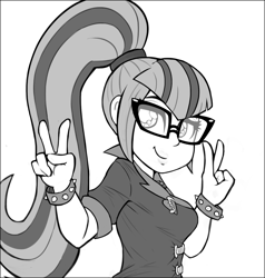 Size: 1243x1303 | Tagged: source needed, safe, artist:deadsmutanon, imported from derpibooru, sonata dusk, equestria girls, rainbow rocks, double peace sign, gem, glasses, jewelry, necklace, siren gem, smiling, spiked wristband, wristband