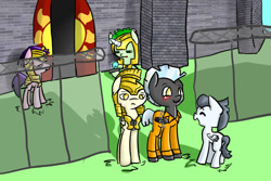 Size: 1024x683 | Tagged: safe, artist:catmak800, imported from derpibooru, rumble, thunderlane, oc, pegasus, pony, unicorn, blushing, bound wings, brothers, chains, clothes, colt, fence, happy, jumpsuit, male, prison, prison outfit, prisoner, royal guard, stallion