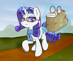 Size: 1500x1250 | Tagged: safe, artist:malwinters, imported from derpibooru, rarity, bag, clothes, female, glasses, magic, rarity's glasses, scarf, shopping, solo, telekinesis