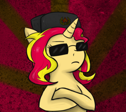 Size: 493x441 | Tagged: safe, imported from derpibooru, sunset shimmer, pony, unicorn, female, hat, solo, sunglasses, ushanka