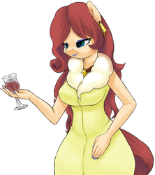 Size: 1167x1315 | Tagged: safe, artist:moonseeker, imported from derpibooru, oc, oc only, oc:lulu ruby, anthro, clothes, dress, earring, female, glass, lipstick, mascara, necklace, shawl, solo, wine