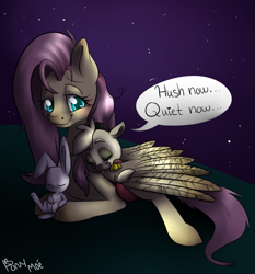 Size: 797x855 | Tagged: safe, artist:lexieskye, imported from derpibooru, angel bunny, fluttershy, baby discord, hug, hush now quiet now, lullaby, night, winghug