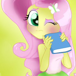 Size: 1024x1024 | Tagged: safe, artist:lorepeepsblue, imported from derpibooru, fluttershy, equestria girls, blushing, book, female, solo, wink