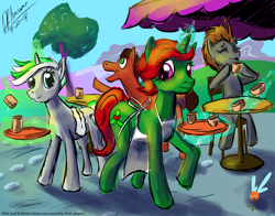 Size: 4200x3300 | Tagged: safe, artist:thebigbadwolf01, imported from derpibooru, oc, oc only, oc:mint leaf, oc:winter green, earth pony, parasprite, pony, unicorn, apron, busy, cafe, clothes, coffee, cup, eyes closed, glowing horn, hoof hold, horn, magic, naked apron, pokey, telekinesis, tray