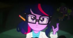 Size: 1136x593 | Tagged: safe, imported from derpibooru, screencap, sci-twi, spike, spike the regular dog, twilight sparkle, dog, equestria girls, rainbow rocks, clothes, female, glasses, lab coat, solo, unamused