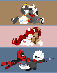 Size: 1200x1534 | Tagged: safe, artist:snow angel, imported from derpibooru, oc, oc only, oc:adonis, oc:black ink, oc:snow angel, earth pony, pegasus, pony, bell, bell collar, charm, clothes, collar, crossover, deadpool, digital art, ear fluff, female, fluffy, ponified, scarf