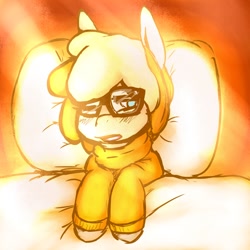 Size: 1280x1280 | Tagged: safe, artist:fu-do, imported from derpibooru, oc, oc only, oc:punkin spice, bed, clothes, female, glasses, morning ponies, solo, sweater, waking