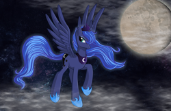 Size: 1024x663 | Tagged: safe, artist:neko-kun67, imported from derpibooru, princess luna, female, mare in the moon, moon, raised hoof, solo, spread wings, stars